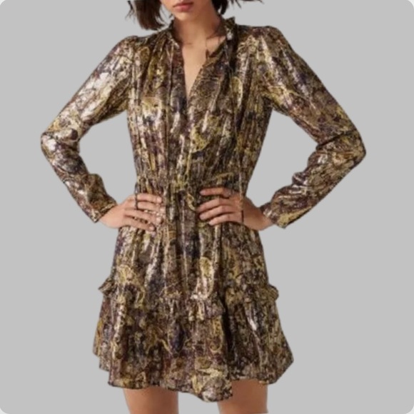 NWT BA&SH Capi Lady Metallic Lame Paisley Ruffle Puff Long Sleeve Dress Size M - Picture 8 of 14